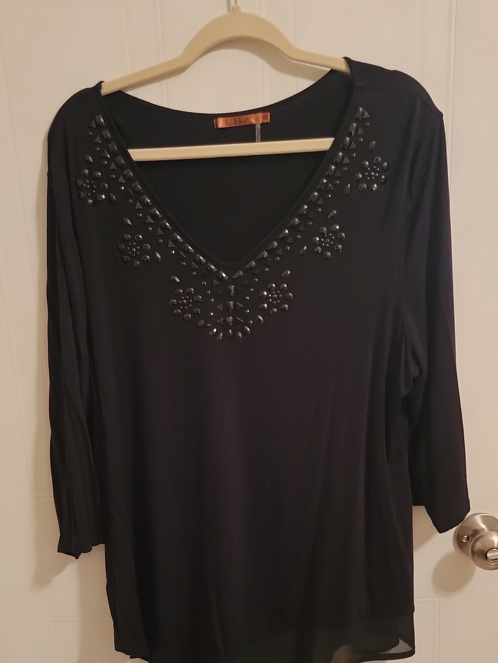 Belldini Black V-Neck Long Sleeve Top with Studded Embellishments